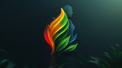 Colorful abstract illustration of a woman surrounded by vibrant leaves