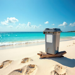 A gray trash bin sits on a sandy beach, resting on a piece of driftwood, with gentle waves lapping at the shore and a bright blue sky filled with fluffy clouds, creating a serene coastal scene