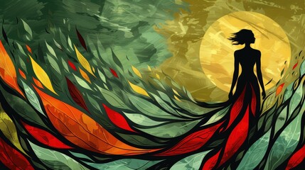 A striking silhouette of a woman stands gracefully amidst swirling autumn leaves, with a large sun in the background, creating a dynamic and colorful scene that evokes a sense of freedom and nature