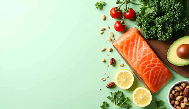 Healthy Clean Eating Ingredients Flatlay with Salmon and Vegetables on Pastel Green Background