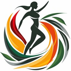 A striking silhouette of a woman in an energetic pose is surrounded by vibrant swirls of color, representing movement and vitality, creating an inspiring and dynamic visual atmosphere