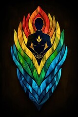 Vibrant abstract illustration featuring a meditative figure at the center, surrounded by colorful leaves in various shades, creating a harmonious and tranquil atmosphere for wellness themes