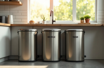 A contemporary kitchen features three stainless steel trash bins labeled for recycling, compost, and trash, positioned neatly under a bright window, showcasing a clean and organized space