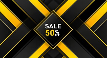 Sale promotion with fifty percent off in black diamond on yellow and black geometric background design style