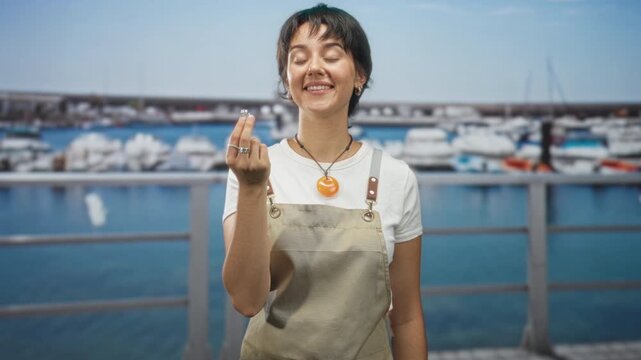 Woman jeweler holding ring between fingers on building pier, smiling with closed eyes, wearing apron and necklace; quiet pride.