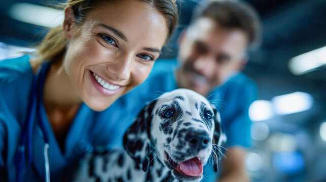 Female veterinarian smiling beside a happy Dalmatian dog in a modern clinic