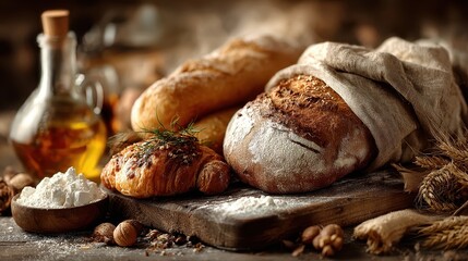 Still life with flour in burlap sack, baked bread, cinnamon sticks and wooden rolling pin, capturing baking ingredients