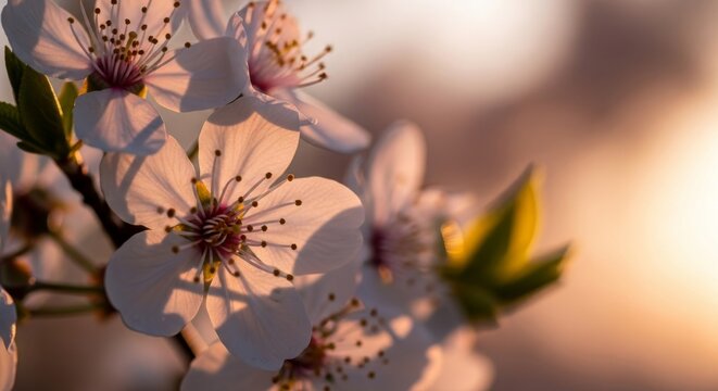 Close-up of delicate white cherry blossoms bathed in warm golden hour sunlight. - Powered by Adobe