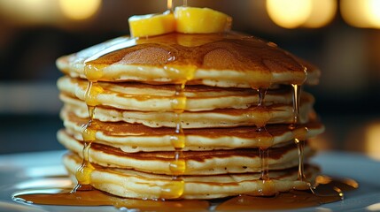 A stack of pancakes with syrup on top. The pancakes are golden brown and look delicious. The syrup is dripping down the stack, making it look even more tempting