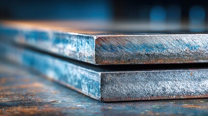 Close-up view of polished metal sheets stacked on a workbench, showcasing textures and reflections, highlighting industrial craftsmanship and material quality in a workshop setting