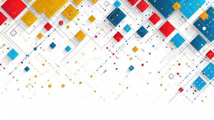 Vibrant geometric shapes in red, blue, yellow, and white create an engaging abstract illustration, featuring a dynamic arrangement that leaves ample copy space for text or graphics