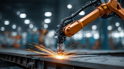 Robot arm performing precise welding on metal panel in minimalistic factory setting, showcasing bright neutral lighting and clean composition with copy space