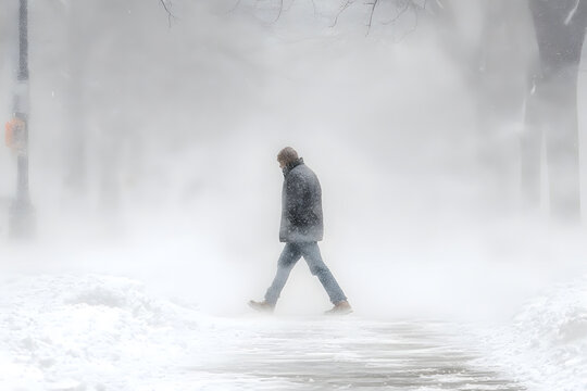A person trudges through a snowy park in winter, battling fierce winds and limited visibility amid a snowstorm