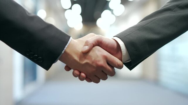 Close up of two businessmen in formal suits shaking hands in a bright business center. Business handshake between male professionals after sealing deal in an office building. Teamwork and cooperation