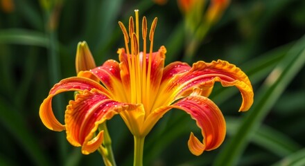 Vibrant orange daylily in full bloom, showcasing intricate details.