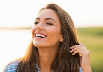 Young woman smiling joyfully outdoors isolated on white background