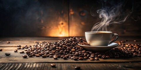 Aromatic coffee beans surround a steaming cup of freshly brewed coffee on a rustic wooden surface