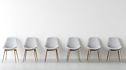 Obraz premium Modern minimalist design of six stylish gray chairs arranged in a row against a plain white wall in an open and bright interior space