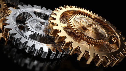 Intricate gears interlock to show industrial mechanism, symbolizing teamwork, technology and progress