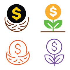 Four coin icons represent financial growth through diverse sprouting stages on white background