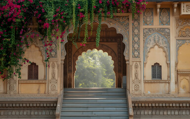 Mysore Palace Architecture Backdrop with Ornate Stone Archway, Carved Pillars and Bougainvillea Vines in Golden Sunlight