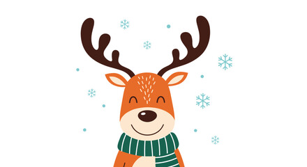Cute cartoon reindeer wearing a scarf and snowflakes falling around it on a white background.