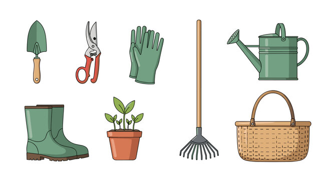 Collection of cartoon gardening tools and supplies for planting and outdoor work.