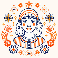 Cheerful girl portrait surrounded by vibrant flowers and stars, a whimsical and joyful design originally created as scalable vector art