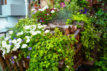 Rustic hay decoration outdoors with summer flowers. Green flower bed in pot near entrance door Stylish decor of exterior building. Rural decor on haystack in street