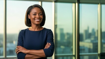 Confident businesswoman with arms crossed in modern office with city view