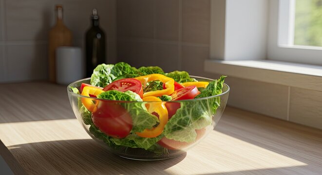 Fresh salad bowl on kitchen countertop with natural sunlight and healthy ingredients