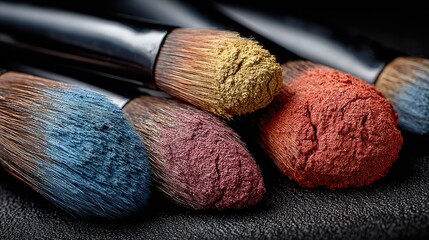 Close-up of makeup brushes with colorful powder on dark surface showing beauty tools
