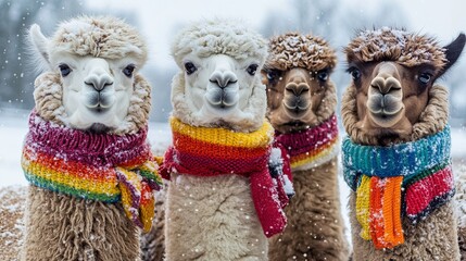 group of alpacas with colorful scarves and snow on their coats .