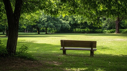 Serene park scene featuring a solitary wooden bench surrounded by lush greenery and sunlight creating a peaceful atmosphere for reflection and relaxation.
