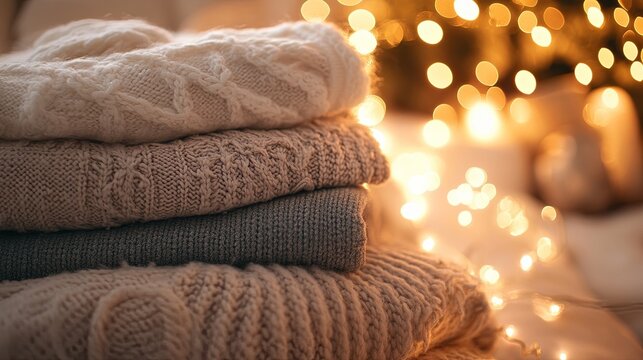 pile of soft winter blankets and twinkle lights, holiday comfort .