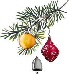 Watercolor Christmas Pine Branch with Ornaments