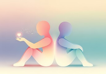 Two gradient figures sit back to back, symbolizing emotional connection and distance, with soft pastel colors, glowing elements, and a gentle metaphor of healing and communication.