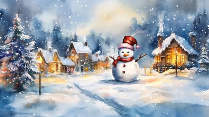Snowman and snowy village, watercolor with Christmas lights .