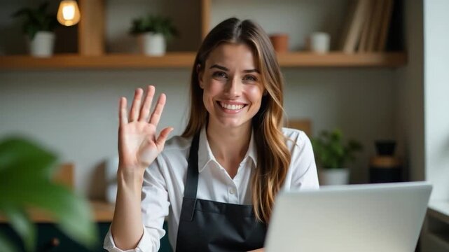 A woman sits in front of a laptop with a relaxed expression, waving her hand as if saying goodbye