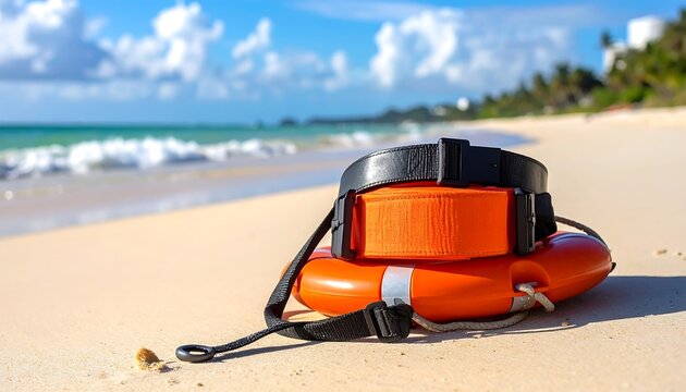 Orange life ring with strap on beach, ocean waves, and blue sky