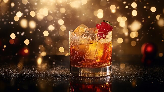 Sparkling cocktail tower under twinkling holiday bokeh. .