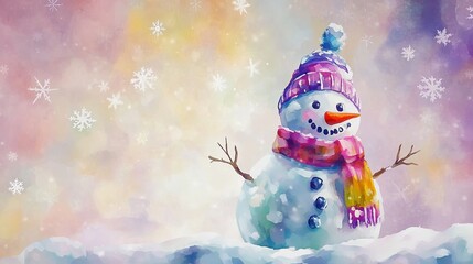 Watercolor snowman with pastel snowflakes, holiday theme .