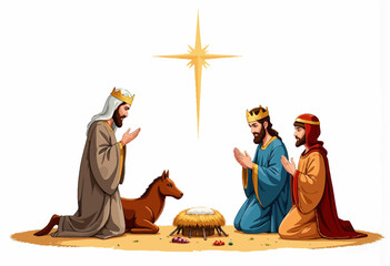 Animated Illustration of Three Wise Men Kneeling Before Manger Under Radiant Star in Nativity Scene Depicting Traditional Christmas Story