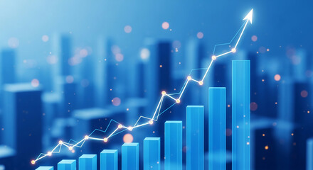 Blue bar graph showing upward trend financial growth chart with arrow pointing up business success concept
