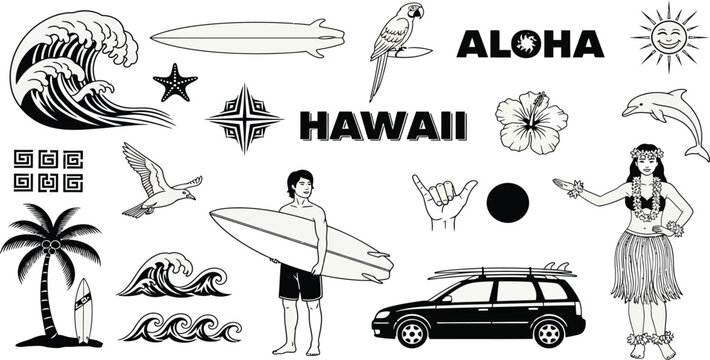 Hawaii aloha surf culture icons and symbols collection black and white