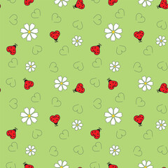 Green seamless pattern with red ladybugs, small hearts, and flowers in playful romantic garden style