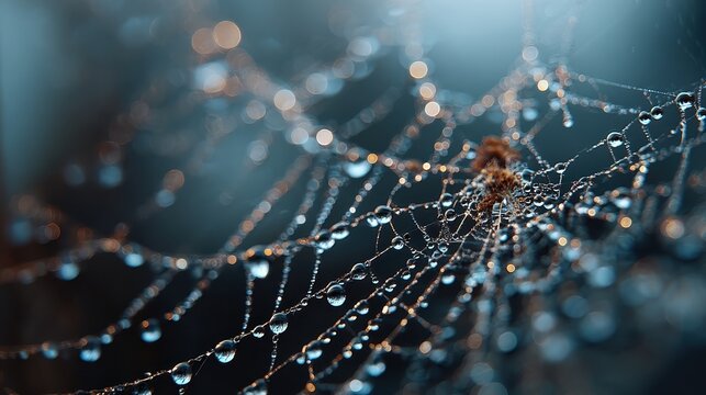Close-up of a spiderweb covered in vibrant water droplets creating a beautiful network in front of a dark background