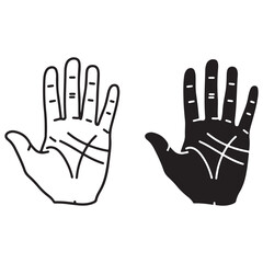 Stylized Open Hands with Palmistry Lines, Outline and Silhouette Illustration