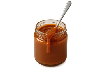 Caramel sauce dripping from a spoon in a glass jar, sweet dessert topping, isolated on transparent background