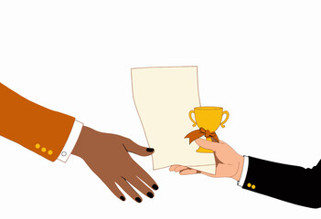 Illustration of Two Diverse Individuals Exchanging a Trophy and Document in a Symbolic Gesture of Achievement and Recognition